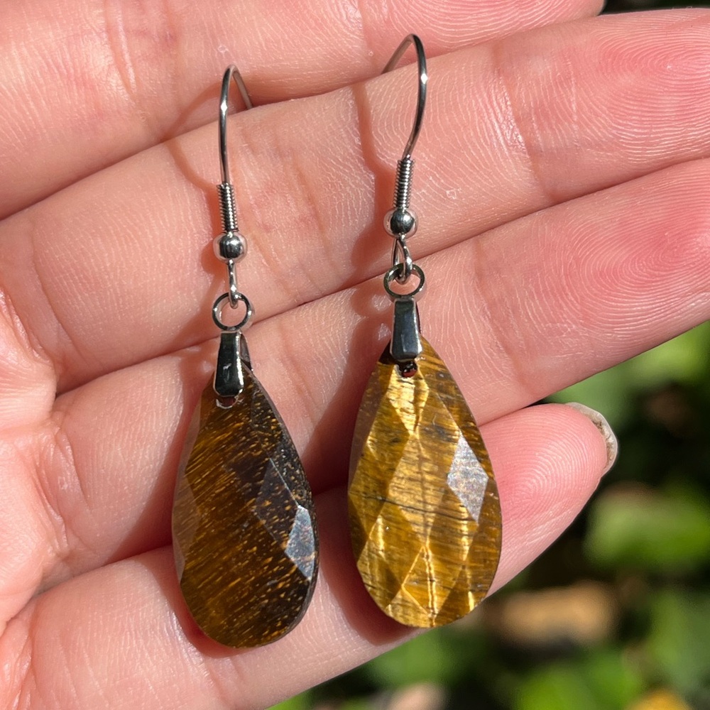 Stainless steel faceted flashy tiger eye drop earrings